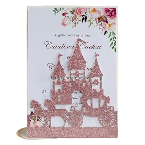 LIUHLFSR 10 Stücke Laser Cut Kutsche Schloss Glitter Hochzeitseinladungskarte Silber Rot Luxus Hochzeitseinladungskarte Hochzeitsfeierzubehör Geeignet für Hochzeiten, Partys, Abschlussfeiern(Pink) von LIUHLFSR