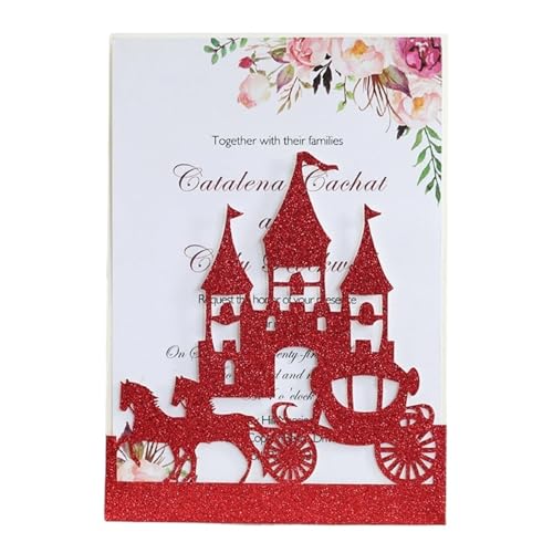 LIUHLFSR 10 Stücke Laser Cut Kutsche Schloss Glitter Hochzeitseinladungskarte Silber Rot Luxus Hochzeitseinladungskarte Hochzeitsfeierzubehör Geeignet für Hochzeiten, Partys, Abschlussfeiern(Red) von LIUHLFSR