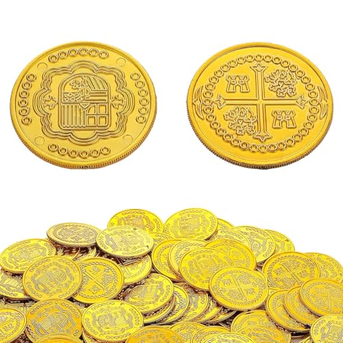 LIULINY 100 Stück Goldmünzen, Kreuzmuster Goldmünzen, Piratenschatz Münzen, Kunststoff Goldtaler, Piratenschatz Goldtaler, Perfekt für Piraten Deko Kindergeburtstag, Schatzkiste Kindergeburtstag von LIULINY