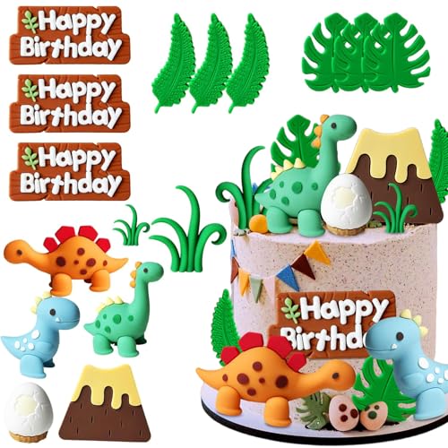 LIULINY 16 Stück Dinosaurier Kucheneinsätze, Dinosaurier Kuchendekorationen, Dino Geburtstag Deko, Kreative Cartoon Kucheneinsätze, für Dino Thema Babyparty Kindergeburtstag Party Kuchendekorationen von LIULINY