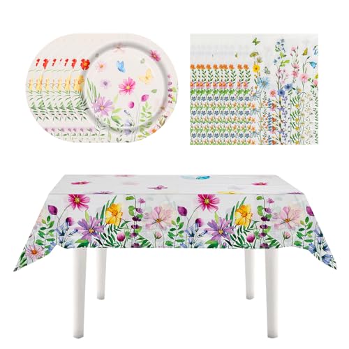 40 Stück Blumen-Servietten (16,5 cm), Sommer-Tischdecke (2,7 m x 1,3 m), 10 Stück Pappteller (17,8 cm) für Nachmittagstee, Geburtstag, Babyparty, Picknick, Hochzeits-Party-Dekoration von LIUQOBN