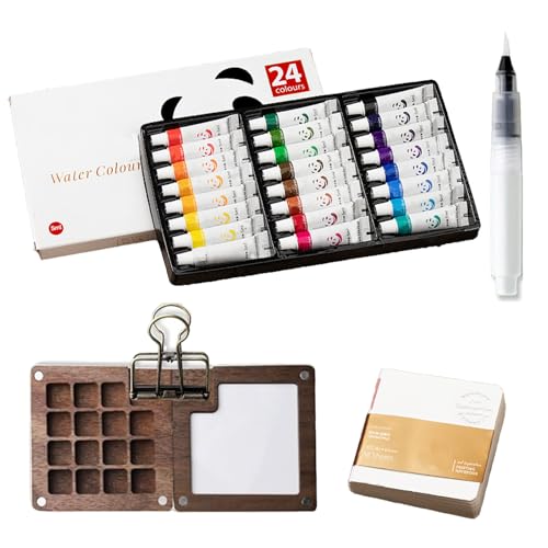 LIUYIDM Pocket Aquarell Set 15 Raster Travel Watercolour Set 24 Farben Mini Aquarell Travel Set, Tragbar, mit Aquarellpapier-Zeichenbuch, Clip und Aquarellstift von LIUYIDM