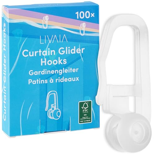 LIVAIA Gardinenröllchen: Gardinengleiter für Innenlauf-Gardinenschiene – 8 mm Gleiter für Vorhänge – 100x Gardinenhaken für Schienen – WASCHFEST und STRAPAZIERFHÄHIG – Gardinenröllchen für Schiene von LIVAIA