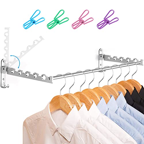 LIVEHITOP Wand Kleiderständer, Kleiderhaken Platzsparender Wandhalter Airer Hängeschiene Wandhaken Stange Aluminium für Waschküche Badezimmer Hotel (Silber, 2) von LIVEHITOP