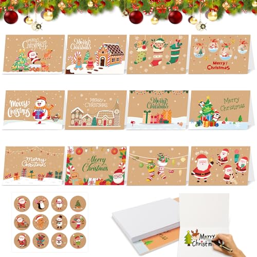 12 Stück Weihnachtskarten Set, Weihnachten Karten, Weihnachtskarten mit Umschlag und Aufkleber Set, Klappkarten für Weihnachten, Christmas Postkarte für deine Weihnachtsgrüße von LIVESTN