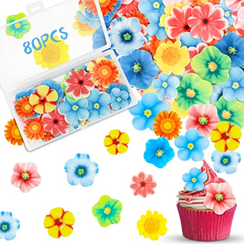 Essbare Blumen-Kuchen-Deckel, 80 Stück Blumen Kuchen Dekoration Oblatenpapier Essbare Blumen Cupcake Topper Blumen Kuchen Topper für Blumen Party Kuchen Dekorationen, Partyzubehör von LIVESTN