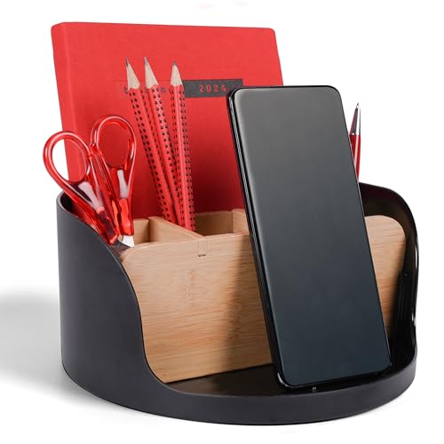 LIVONDO ECO Schreibtisch Organizer | Tisch- Büro- Kosmetik- Organizer | Handy & Tablet Halterung | Stiftehalter Schreibtisch | Briefablage| Büro Organizer | home office storage (rund, schwarz) von LIVONDO