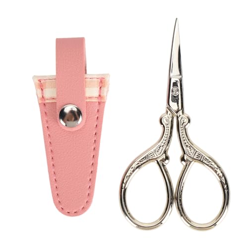 Stickerei Schere Edelstahl Set Nähen Strick Handwerk PU-Leder Abdeckung (Fleisch rosa Plaidabdeckung und Goldschere) von LIYJTK