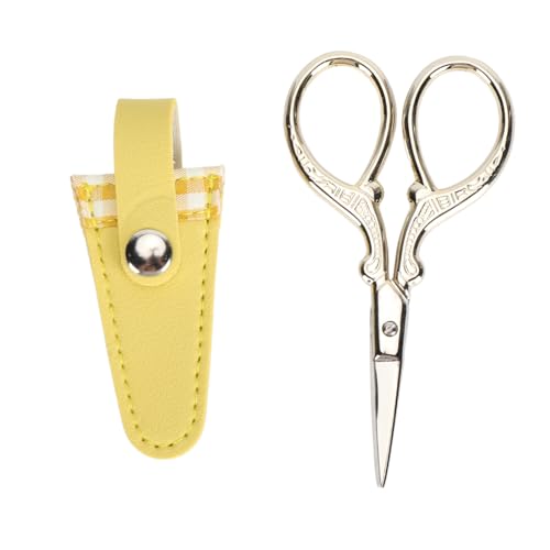 Stickerei Schere Edelstahl Set Nähen Strick Handwerk PU-Leder Abdeckung (Gelbe Plaidabdeckung und Goldschere) von LIYJTK