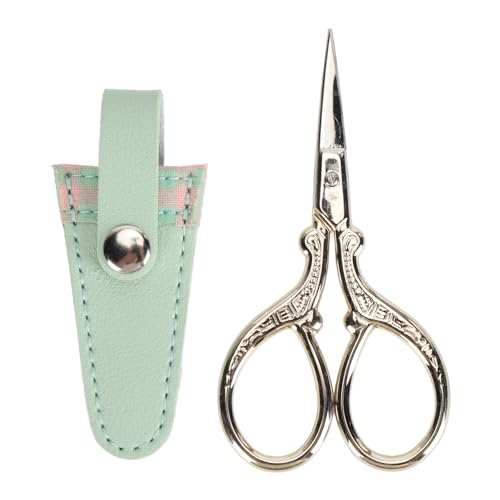 Stickerei Schere Edelstahl Set Nähen Strick Handwerk PU-Leder Abdeckung (Pink Green Plaid Cover und Goldschere) von LIYJTK