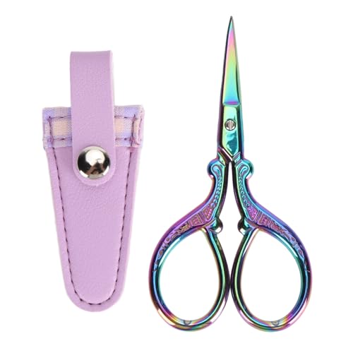 Stickerei Schere Edelstahl Set Nähen Strick Handwerk PU-Leder Abdeckung (Pink Purple Plaid (lila Leder) Abdeckung und) von LIYJTK