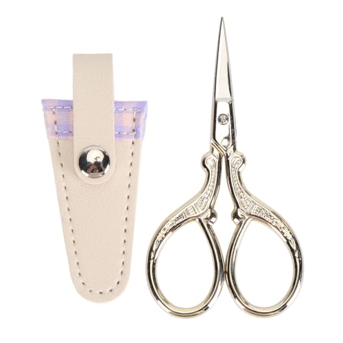 Stickerei Schere Edelstahl Set Nähen Strick Handwerk PU-Leder Abdeckung (Pink Purple Plaid (weißes Leder) und Gold) von LIYJTK