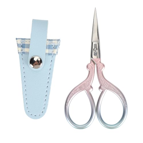 Stickerei Schere Edelstahl Set Nähen Strick Handwerk PU-Leder Abdeckung (Rauchblau Plaidabdeckung und rosa Gradientenschere) von LIYJTK