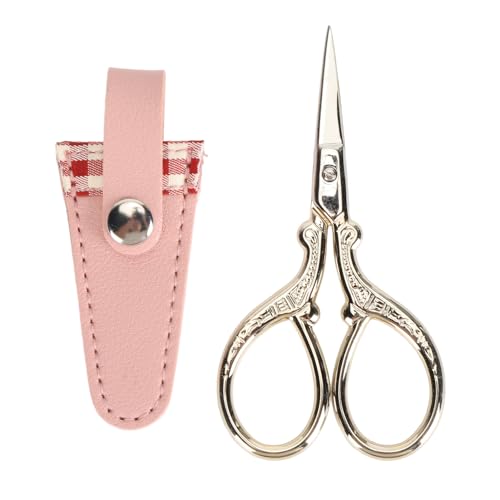 Stickerei Schere Edelstahl Set Nähen Strick Handwerk PU-Leder Abdeckung (Weinrote Plaidabdeckung und Goldschere) von LIYJTK
