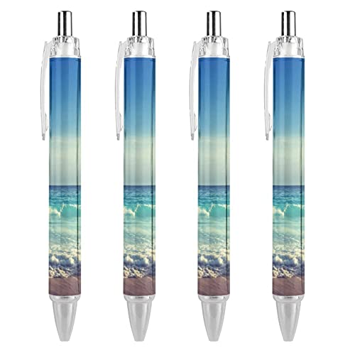 LIYvde Kugelschreiber mit schwarzer Tinte, Motiv: Ozeanwellen, Seychellen, Insel, Strand im Sonnenuntergang, glattes Schreiben, Kugelschreiber für Büro, Schule, 4 Stück von LIYvde