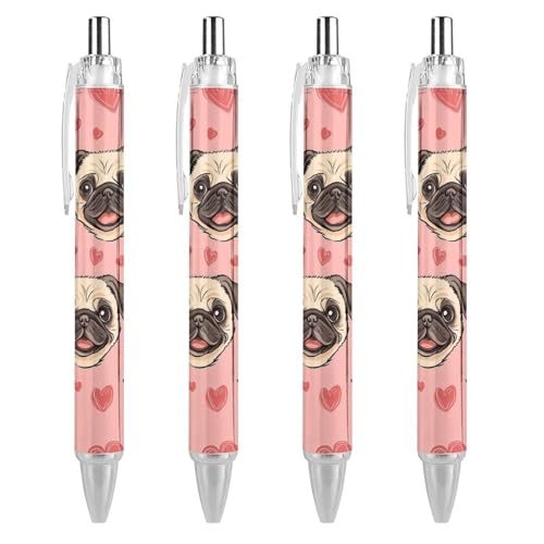 LIYvde Niedlicher Kugelschreiber mit Mops-Motiv, einziehbarer Kugelschreiber, 0,5 mm, für Damen und Herren, Büro, 4 Stück von LIYvde