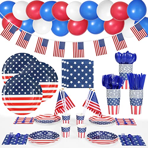 Partyzubehör für den 4. Juli, amerikanische Flagge, patriotisches Geschirr, kleine Flaggen, Banner, Luftballons, 189 Stück von LIZHOUMIL