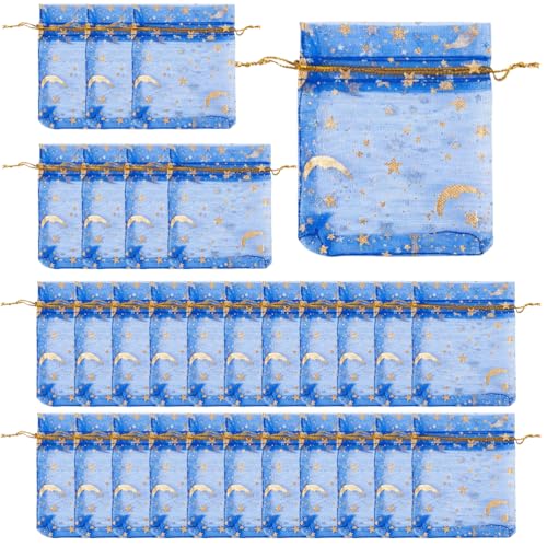 LJFEA 30 Stück Organzasäckchen, 7 x 9cm Organzabeutel Geschenkbeutel mit Kordelzug Bunt Schmuckbeutel Geschenkverpackung für Weihnachten Hochzeit Geburtstag Party (Blaue Heißprägung) von LJFEA