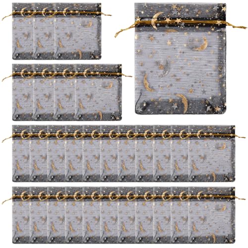 LJFEA 30 Stück Organzasäckchen, 7 x 9cm Organzabeutel Geschenkbeutel mit Kordelzug Bunt Schmuckbeutel Geschenkverpackung für Weihnachten Hochzeit Geburtstag Party (Schwarze Heißprägung) von LJFEA