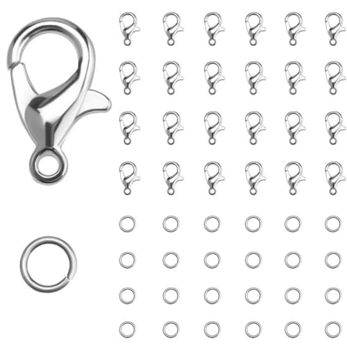 LJFEA Set mit 50 Karabinerhaken und 120 offenen Sprengringen, Kettenverschluss Magnet Halskettenverschluss Armbandverschluss Karabinerhaken Schmuck Weißgold LJFEA Set mit 50 Karabinerhaken und 120 offenen Sprengringen, Kettenverschluss Magnet Halskettenverschluss Armbandverschluss Karabinerhaken Schmuck Weißgold von LJFEA