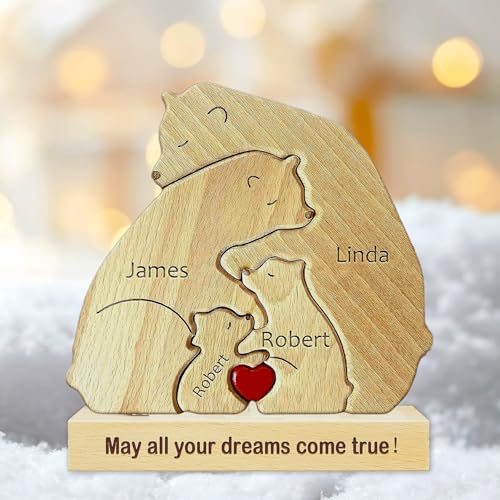 Personalisiertes Holzpuzzle der Bärenfamilie mit 2-8 Namen, Holz Bär Skulpturen Desktop Tischdekoration, zum Familie, Freunde, Liebhaber Weihnachten Adoptionstag Einweihungsgeschenke (F) von LJSCQF