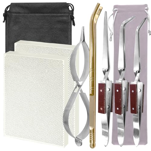 LJZP 9-teiliges Schmuck-Lötblock-Set, enthält 2 Waben-Keramikblöcke, 3 Pinzetten, 1 Kupferzange, 1 Metallclip, 2 Aufbewahrungstaschen, Lötplattenplatte für Schmuckherstellung, Werkzeugzubehör von LJZP