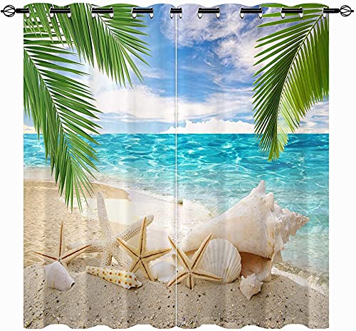 LKCD Verdunkelungsvorhang Für Kinderzimmer - Strand Tropische Ozean-Palme 140X160Cm Thermovorhang, Blickdichter Vorhang Mit Schlaufen, 2Er-Set Gardinen, Blickdicht von LKCD
