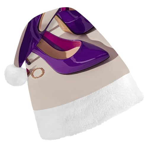 LKHDS Weihnachtsmütze für Erwachsene, für Damen und Herren, exquisit, elegant, violett, High Heels mit Lippenstift, bedruckt, Weihnachtsmütze, bequeme Weihnachtsmütze für Erwachsene von LKHDS