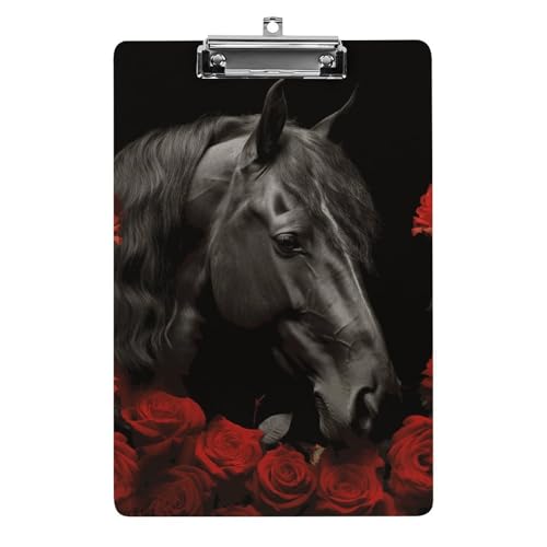 Schwarzes Pferd auf einem Hintergrund von roten Rosen Klemmbrett für Büro, Zuhause, Acryl-Klemmbrett mit Aufhängelöchern aus Edelstahl, langlebige Klemmbretter für Notizen, Prüfungen, Noten, Noten Schwarzes Pferd auf einem Hintergrund von roten Rosen Klemmbrett für Büro, Zuhause, Acryl-Klemmbrett mit Aufhängelöchern aus Edelstahl, langlebige Klemmbretter für Notizen, Prüfungen, Noten, Noten von LKHDS