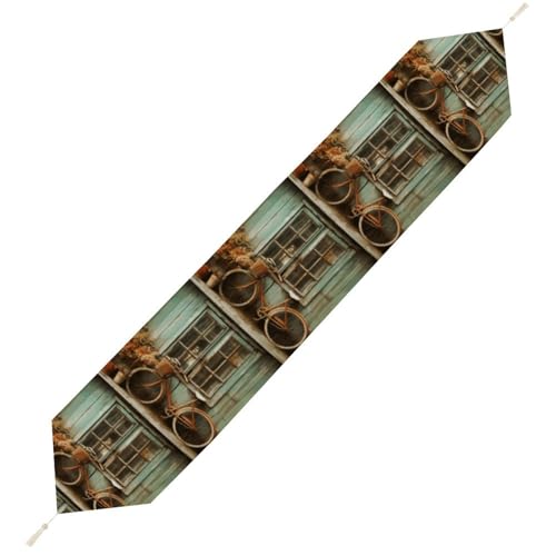 Vintage-Tischläufer, Fenster mit Fahrrad, wiederverwendbar, weich, kurz, Plüsch, Esstischdekoration für Hochzeit, Party, Küche, 200 x 33 cm Vintage-Tischläufer, Fenster mit Fahrrad, wiederverwendbar, weich, kurz, Plüsch, Esstischdekoration für Hochzeit, Party, Küche, 200 x 33 cm von LKHDS