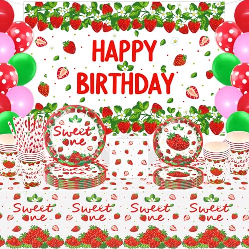 161 Pack Erdbeere Geburtstag Dekorationen Berry First Birthday Party Zubehör Sweet One Birthday Sommer Obst Geschirr Set Erdbeer-Party-Teller, Tischdecken, Kulisse, Luftballons, Für 20 Personen 161 Pack Erdbeere Geburtstag Dekorationen Berry First Birthday Party Zubehör Sweet One Birthday Sommer Obst Geschirr Set Erdbeer-Party-Teller, Tischdecken, Kulisse, Luftballons, Für 20 Personen von LKITMIUT