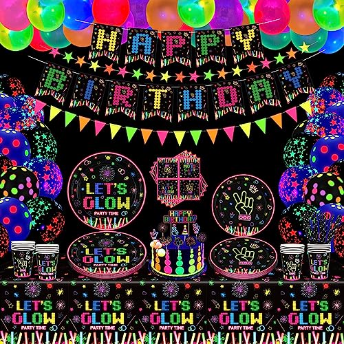 171 PCS Leuchtendes Neon Party-Zubehör Glühen im Dunkeln Party Dekorationen BlackLight Party-Geschirr-Set - Teller, Banner, Luftballons, Leuchtende Neon-Tischdecken, Sternengirlande Für 20 Personen 171 PCS Leuchtendes Neon Party-Zubehör Glühen im Dunkeln Party Dekorationen BlackLight Party-Geschirr-Set - Teller, Banner, Luftballons, Leuchtende Neon-Tischdecken, Sternengirlande Für 20 Personen von LKITMIUT