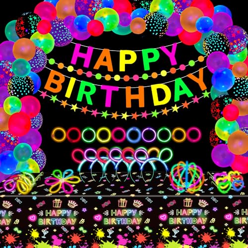 173 Packungen Leuchtendes Neon-Party-Zubehör Glow Sticks Party Dekorationen Schwarzes Licht Reaktive Dekoration Set - Fluoreszierende Banner, Girlanden, Ballons, Graffiti Tischdecke, Leuchtstäbchen 173 Packungen Leuchtendes Neon-Party-Zubehör Glow Sticks Party Dekorationen Schwarzes Licht Reaktive Dekoration Set - Fluoreszierende Banner, Girlanden, Ballons, Graffiti Tischdecke, Leuchtstäbchen von LKITMIUT