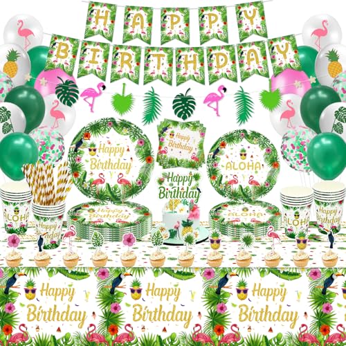 174 PCS Hawaiianische Aloha Party Zubehör Tropische Luau Party Dekorationen Sommerparty-Geschirr-Set - Teller, Banner, Luftballons, Servietten, Palmenblätter, Tropische Girlande Für 20 Personen von LKITMIUT