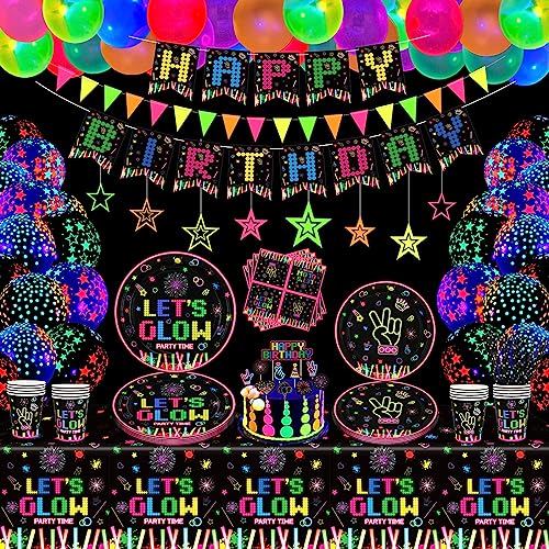 178 PCS Leuchtendes Neon Party-Zubehör Glühen im Dunkeln Party Dekorationen BlackLight Party-Geschirr-Set - Teller, Banner, Luftballons, Leuchtende Neon-Tischdecken, Sternengirlande Für 20 Personen von LKITMIUT