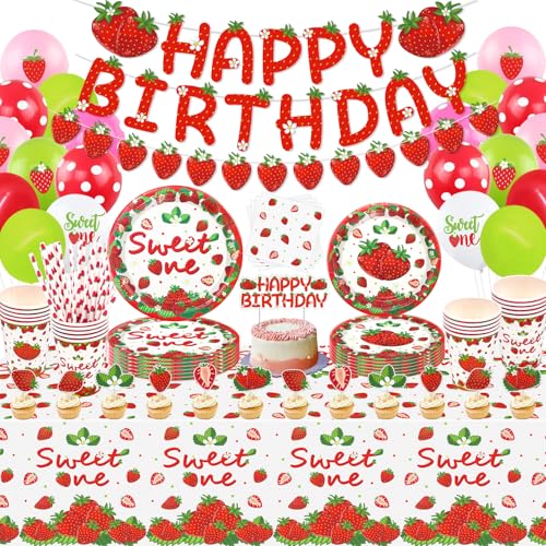 185 Pack Erdbeere Geburtstag Dekorationen Beere Ersten Geburtstag Party Supplies Sweet One Birthday Sommer Obst Geschirr Set Erdbeer Party Teller, Tassen, Tischdecken, Luftballons Serviert 20 von LKITMIUT