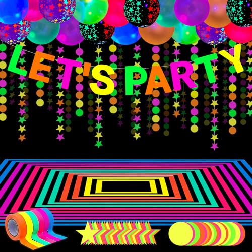 52 Packungen Leuchtendes Neon Partyzubehör Leuchtende Party Dekorationen Neon-Geburtstags-Party-Zubehör Schwarzlicht Reaktive Dekoration Set - Fluoreszierende Banner, Girlanden, Ballons, Klebeband von LKITMIUT