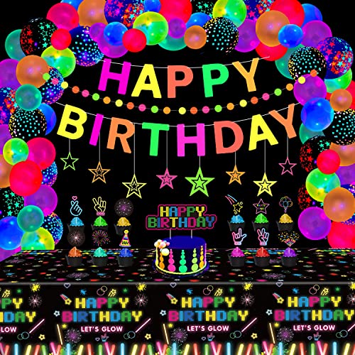 80 Pack Leuchtendes Neon Partyzubehör Leuchtende Partydekorationen Schwarzlicht-Reaktives Deko-Set - Fluoreszierende Banner, Girlande, Hängende Sterne, Leuchtende Ballons, Tischdecke, Tortenaufleger 80 Pack Leuchtendes Neon Partyzubehör Leuchtende Partydekorationen Schwarzlicht-Reaktives Deko-Set - Fluoreszierende Banner, Girlande, Hängende Sterne, Leuchtende Ballons, Tischdecke, Tortenaufleger von LKITMIUT