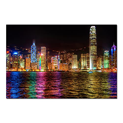 Panoramabild auf Leinwand,Hong Kong Victoria Harbour Abendansicht Gemälde Druck auf Leinwand,Leinwand Wandkunst Bilder für Wohnzimmer Dekor 80x120cm(32x48in) Rahmenlos von LKLKLK