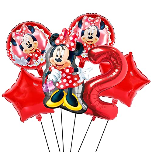 6 Stück Minnie Geburtstag Dekorationen, LKNBIF Minnie Party Supplies, Minnie Geburtstagsparty Luftballons Nummer 2 Folienballons Motto Birthday Party Dekorationen für Mädchen von LKNBIF
