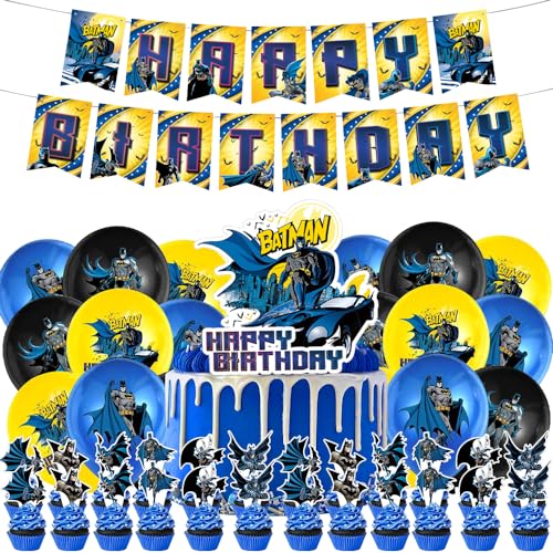 Batman Geburtstag Dekorationen, LKNBIF 45 Pcs Batman Geburtstagsparty Dekorationen, Batman Mottoparty Dekoration Balloons Happy Birthday Banner Deko Cupcake Toppers Geburtstagsartikel für Kinder von LKNBIF