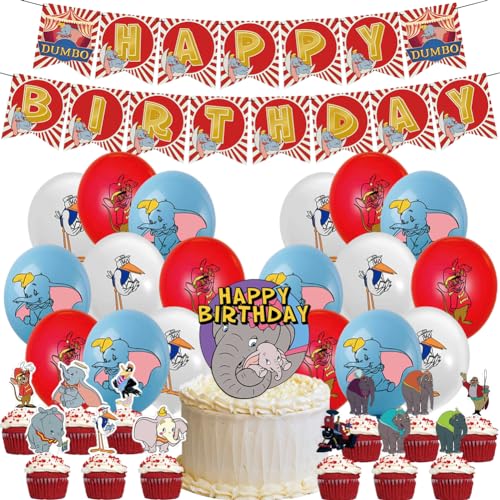 33 Stück Dumbo Geburtstag Dekoration, Dumbo Themed Dekorationen, Dumbo Mottoparty Dekoration Elefant Tier Party Supplies Luftballons Deko Banner Cupcake Toppers für Kinder von LKNBIF
