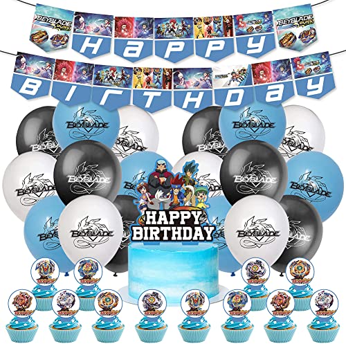 LKNBIF B-eyblade Geburtstags Party Dekorations 32 Stück B-eyblade Party Supplies B-eyblade Luftballons Set Enthält Cupcake Toppers Banner Latexballons von LKNBIF
