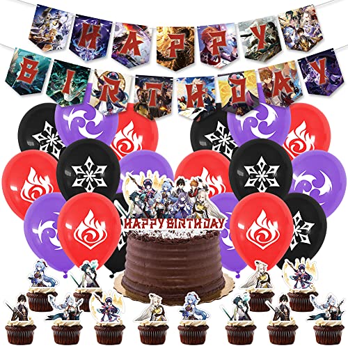 Genshin Impact Geburtstag Dekorationen, LKNBIF 32 PCS Genshin Impact Anime Geburtstag Deko, Genshin Impact Party Supplies Luftballons Dekorations Kuchen Topper Banner Geburtstagsdeko für Kinder von LKNBIF