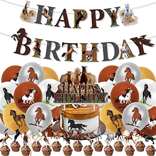 LKNBIF Pferde Geburtstags Dekoration 37 Stücke Pferd Thema Party Dekorationen mit Happy Birthday Banner, Kuchenaufsätze, Luftballons für Pferderennen Geburtstag Cowboy Dekor von LKNBIF