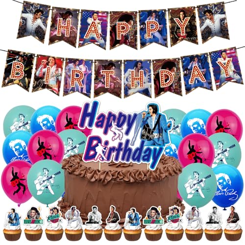 LKNBIF Rock Star Geburtstag Dekoration Set, 33 Stück D-disco Party Supplies, Sänger Geburtstag Dekorationen E-lvis Luftballons Kuchen Topper Banner Geburtstagsdeko von LKNBIF