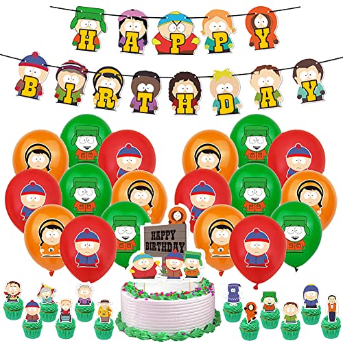 South Park Geburtstag Dekorationen, LKNBIF 32 Stück South Park Party Supplies, South Park Deko Geburtstag Balloons Geburtstagsparty Banner Cupcake Toppers Luftballon für Kinder Geburtstagsdeko von LKNBIF