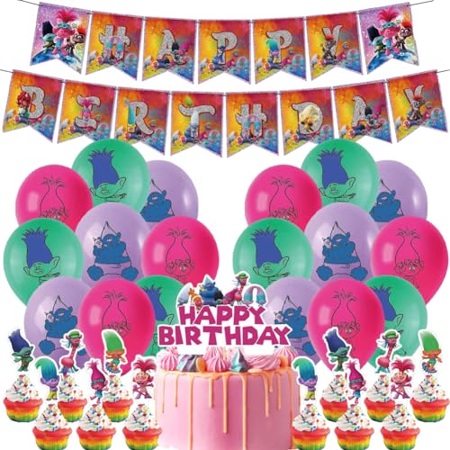 Trolls Geburtstag Dekorationen, 33 PCS Trolls Party Supplies, Trolls Luftballons Dekorationen Trolls Geburtstagsparty DekoKuchen Topper Happy Birthday Banner Geburtstagsdeko für Kinder von LKNBIF