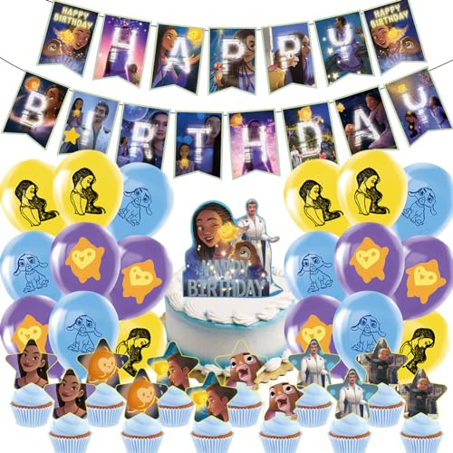 LKNBIF Wish Asha Geburtstag Dekorationen, 45 Pcs Wish Asha Party Supplies, Wish Prinzessin Luftballons Dekorationen Geburtstagsparty DekoKuchen Topper Happy Birthday Banner Geburtstagsdeko für Kinder von LKNBIF