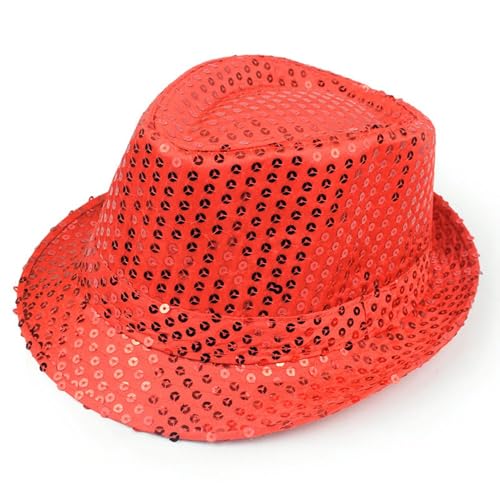 LKQBBSZ Fedora-Hut mit Pailletten, Western-Paillettenstoff, Fedora-Hut für Herren, Cosplay, Kostüm, Party-Zubehör (rot) von LKQBBSZ